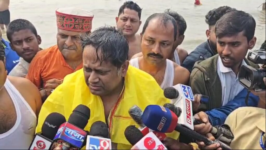 BJP state president Sukanta Majumder took a holy dip in the Gangesagar on the full moon of Makar Sankranti.